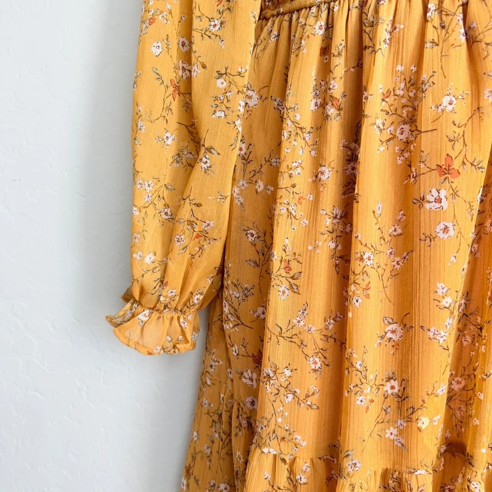 August Sky Mustard Yellow Floral Smocked Tiered Midi Dress Small Long Sleeve - Picture 4 of 13